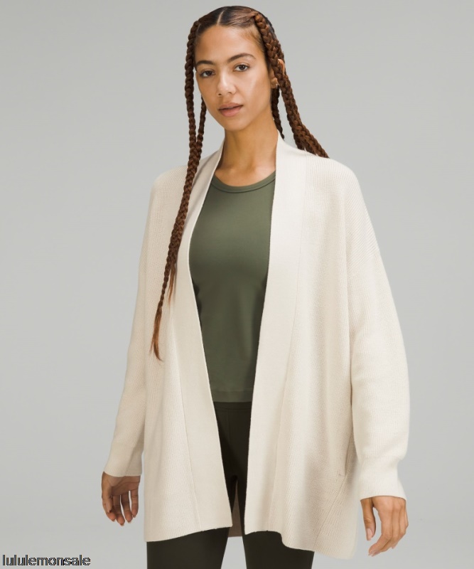 Lululemon Damen DELULU482 | White Opal Gerippter Langer Wickelpullover Aus Einer Merinowollmischung